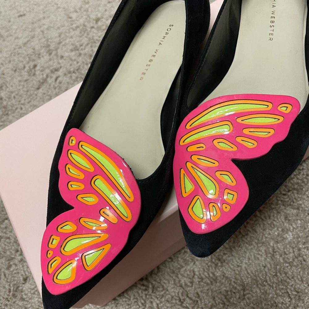 Sophia Webster Black and Pink Butterfly Pointed-Toe Flats